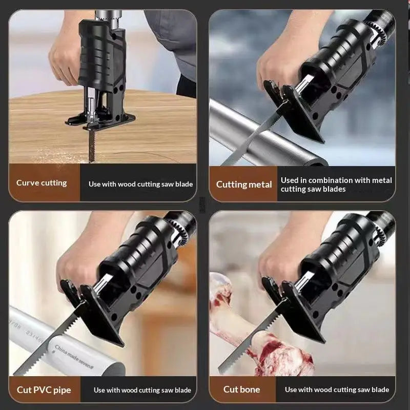 Power Tool Package for Cutting, Wood, PVC, Steel Pipe with Reciprocating Saw and Electric Drill Adapter
