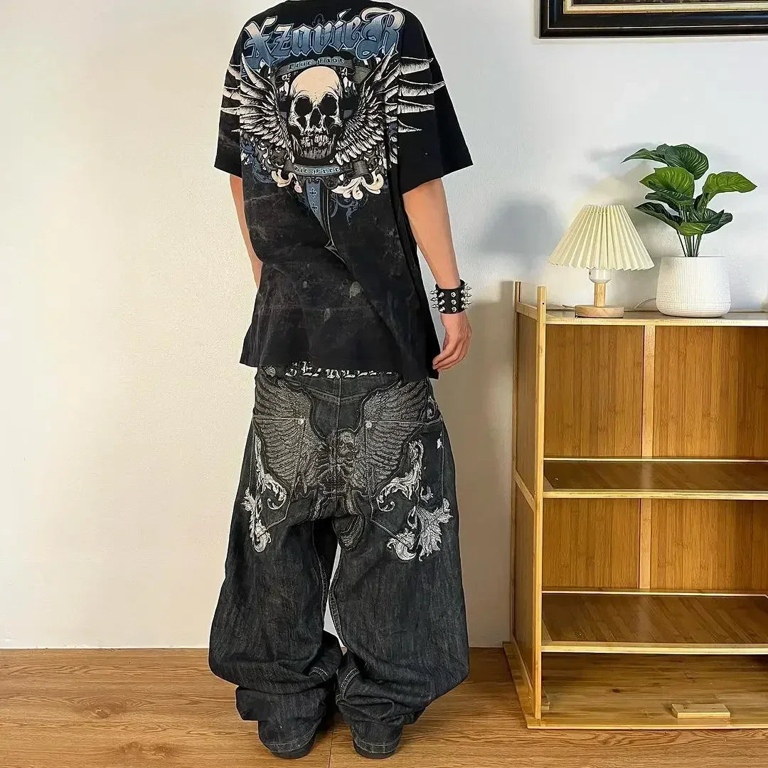 Y2K Baggy Jeans Women Cartoon Characters Embroidered Light Blue Washed Denim Jeans Harajuku Goth Skateboard Pants Street Clothes