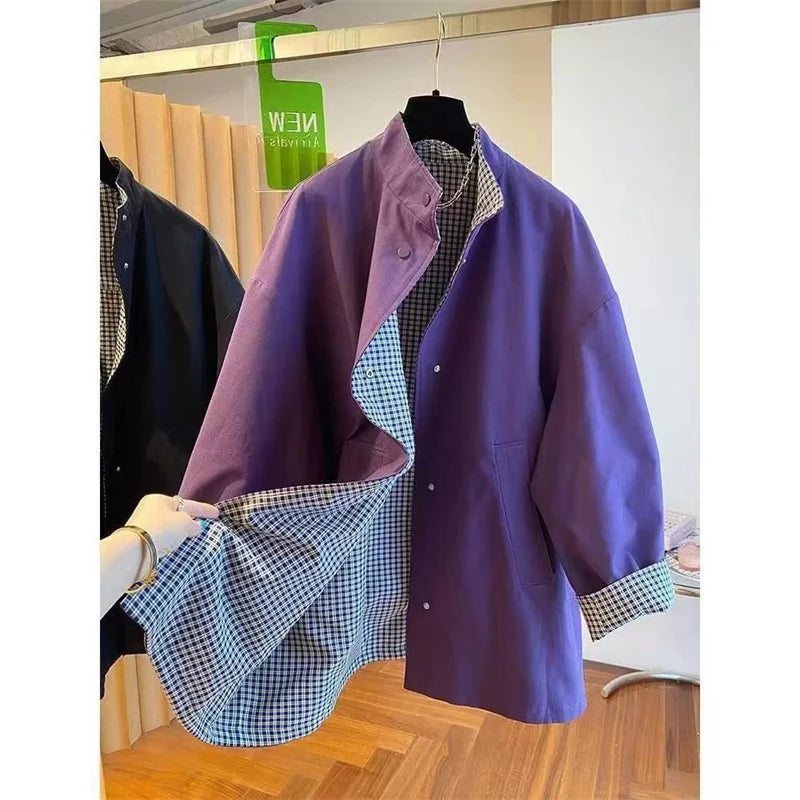 Korean New Both Sides Medium to Long Trench Coat Women spring Autumn Loose Elegant Casual All-Match Both Windbreaker Female
