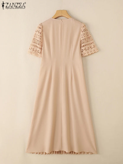ZANZEA 2025 Summer Sundress Women Elegant Lace Patchwork Desses Stylish Short Sleeve Pleated Work Vestidos Fashion Party Dress