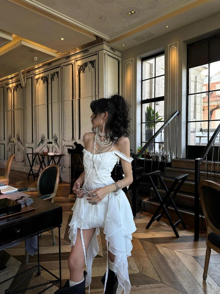 Summer Korean Fashion Y2k Retro Women Dresses Chic White Halter Chiffon Irregular Slimming Design Short Skirt Woman Clothes 2025