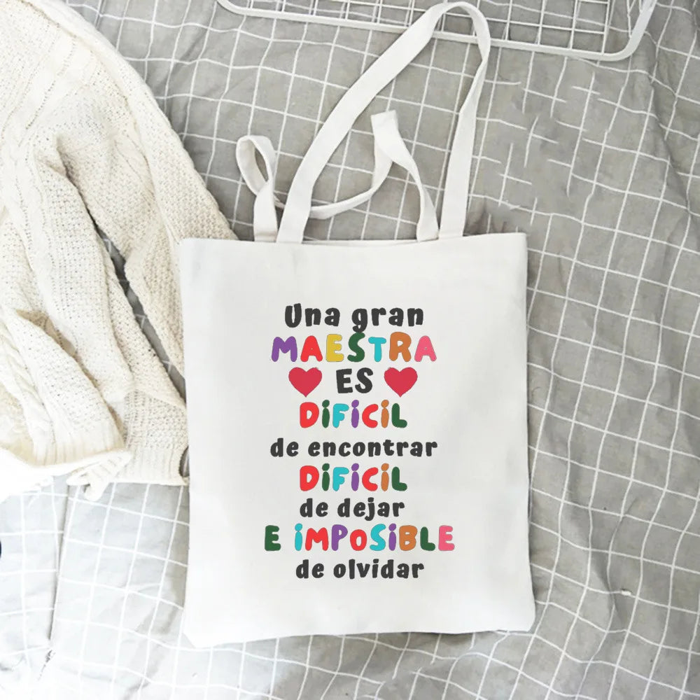 Spanish Printed Women Tote Bag Canvas Shopping Bags Female Travel Shoulder Bag Casual Handbag Graduation Thanks Gift for Teacher