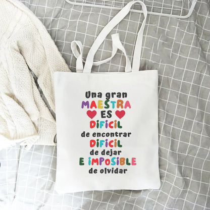Spanish Printed Women Tote Bag Canvas Shopping Bags Female Travel Shoulder Bag Casual Handbag Graduation Thanks Gift for Teacher