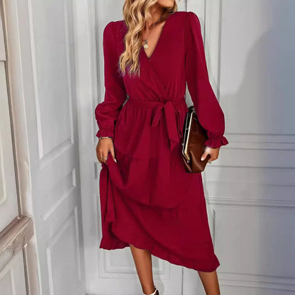 Women's Long Puff Sleeve V Neck Casual Dress Autumn New Fashion Long Sleeve Dress Elegant Fashion Spring Summer Streetwear