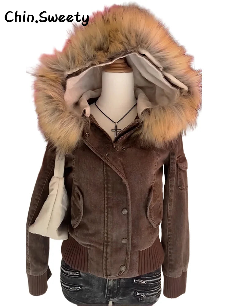 Vintage Women's Cropped Hooded Coats Fur Collar Full Sleeve Single Breasted Pocket Jacket 2025 Autumn Lady Y2K Warm Outwears New
