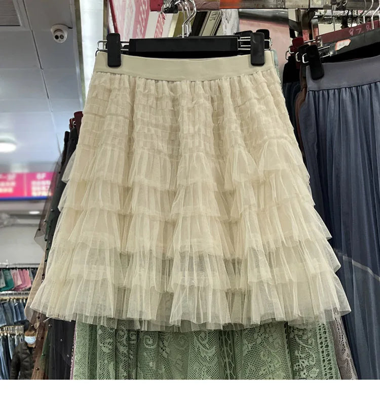 New In 2025 Summer Tulle A-Line Cake Skirts Women Elastic High Waist Tutu Short Skirt Korean Fashion Sweet Tutu Streetwear Skirt