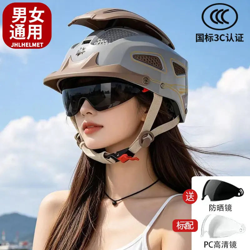 Hot Motorcycle Helmet Summer Breathable Open Face Helmet for Men Women Dual Lens Scooter Half Helmet with Taillights