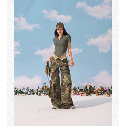 Green Women Jeans High Waist Fashion American Camouflage Y2K Streetwear Chic Wide Leg Jean Female Trouser Baggy Denim Pants