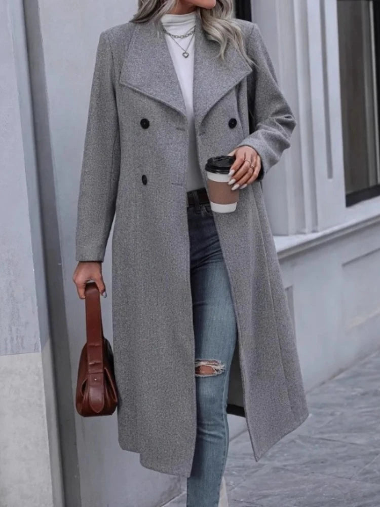 Chic Elegant Women Solid Color Grey Long Sleeve Pockets Double Breasted Fake Woolen Coat Woman Winter Warm Long Outwear