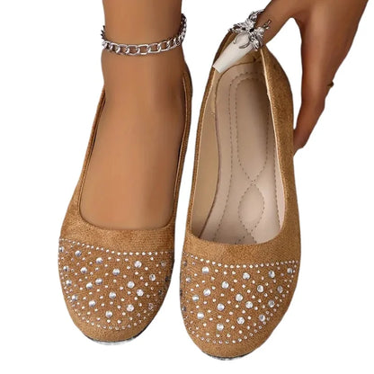 Women Flats Shiny Crystal Shallow Loafers Women Lightweight Non-Slip Ballet Flats Luxury Flock Soft Sole Walking Shoes for Women