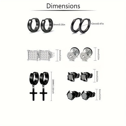 21 pairs of men's stainless steel earrings, circular CZ earrings, hypoallergenic earrings, unisex perforated earrings