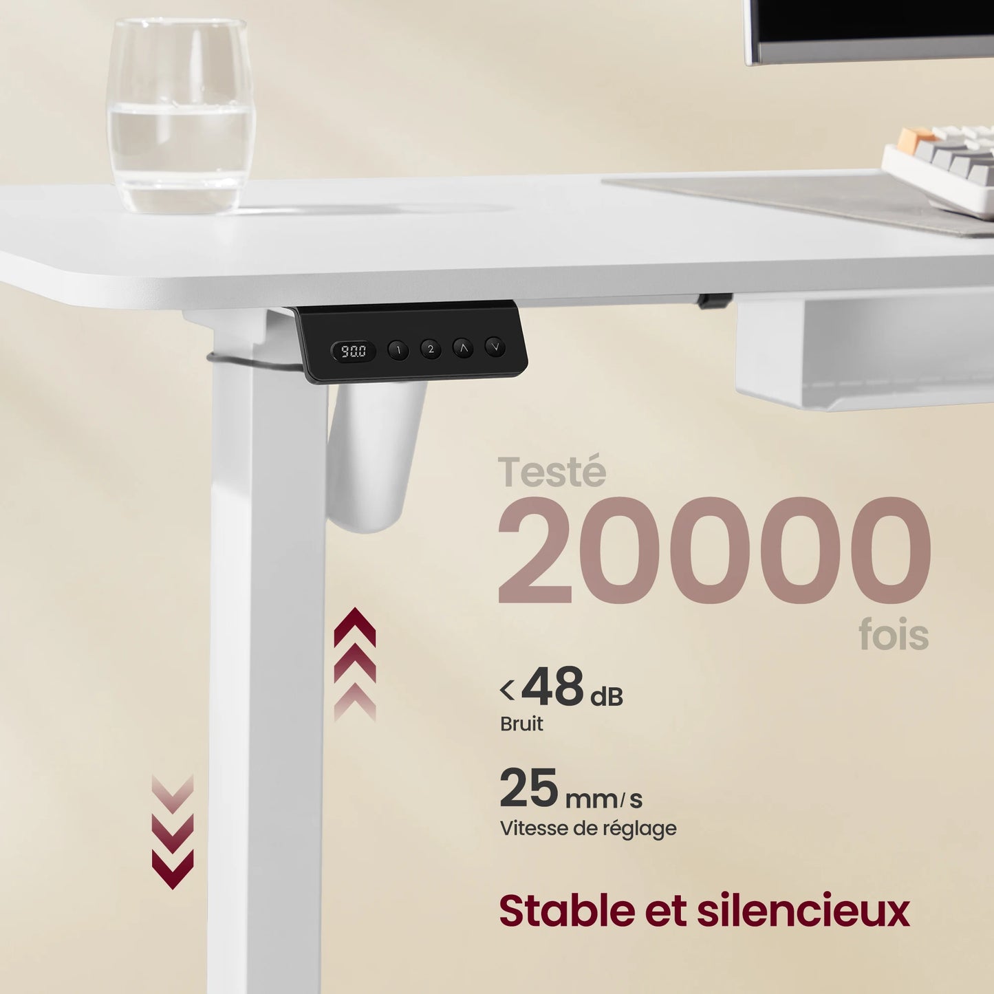 Electric Height Adjustable Desk, 140 x 160 cm, with Power Strip, 2 Height Memory Function, Cloud White/Rustic Brown