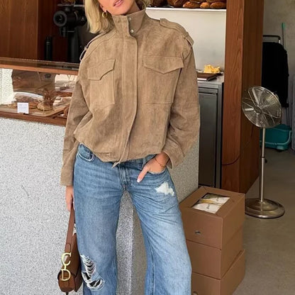Women's Khaki Leather Jacket zartins Long Sleeve Outwear Streetwear Fashion Coat with Pocket 2026 Style Jackets Solid Woman Coat