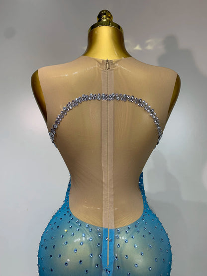 Women Sexy Evening Party Gowns Sparkly Diamonds See Through Mesh Stretch Asymmetrical Dress Celebrity Elegant Singer Outfit