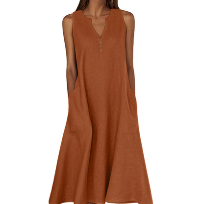 Women's Summer Casual V-neck Button Solid Color Sleeveless Long Dress With Pockets Female Elegant Trendy Casual Loose Dresses