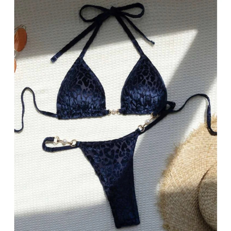 Sexy Leopard Velvet Bikini Mini Micro Thong Bikinis Women Swimwear Female Swimsuit Two-piece Bikini Set Halter Bathing Suit Swim