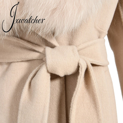 Jxwatcher Winter Cashmere Coat For Women Removable Natural Fox Fur Collar And Cuff Aautumn Ladies Fashion Streewear Long Outwear