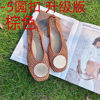 Flat Shoes for Women Spring and Autumn 2025 Breathable Hollow Flat Square Toe for Women Shallow Mouth Beach Sandals for Summer