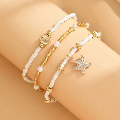 3PCS Set Beach Anklet for Women Bohemian Starfish Shell Glass Beaded Gold Silver Adjustable Summer Vacation Jewelry