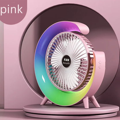 Portable fan, desktop spray, intelligent adjustable, silent, cool air lamp, indoor table fan with seven-color lights