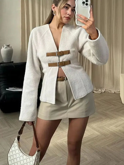 HH 2024Female Autumn Fashion Casual Coats Long Sleeves Belt Decoration Cardigan Solid V-Neck Slim 2-Colors Elegant Retro Top