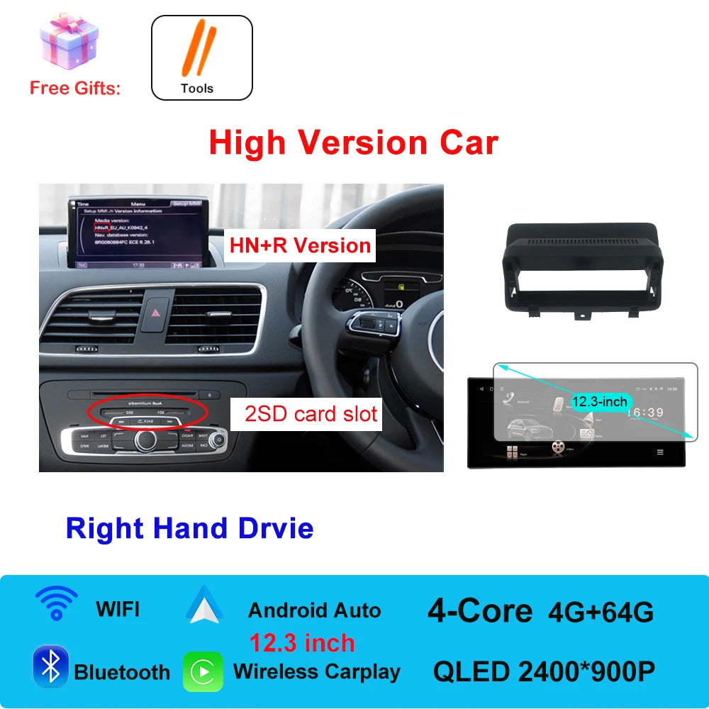Car Radio Navigation GPS Multimedia Video Player Tools For Audi O3 2013-2018 Right Hand Drvie Android 16 Auto Carplay 12.3"