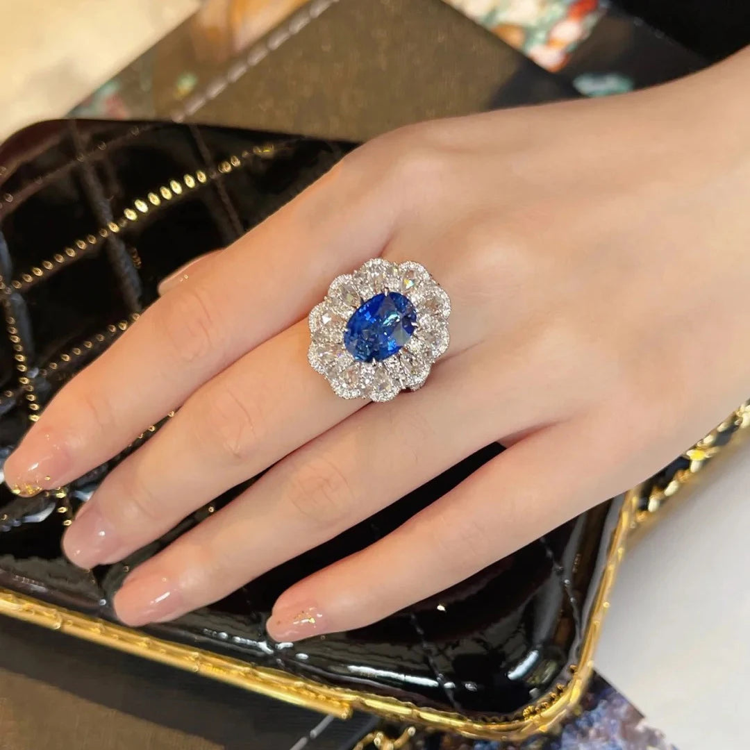 New In silver 925 Full Diamond Luxury Sapphire Ring Necklace Exquisite Engagement Sparkling Blue Flower fine jewelry sets