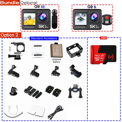 Action Camera 5K 4K60FPS 50MP 2.0 Touch EIS Pre-Record Wireless Mic Wi-Fi 170D DVR Webcam Waterproof 30M 5X Zoom Sports Camera
