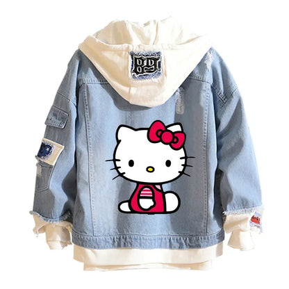 Anime Sanrio Denim Bomber Jacket Hello Kitty Hooded Jeans Sweatshirt Unisex Ripped Hole Cosplay Hoodie Long-Sleeved Denim Jacket