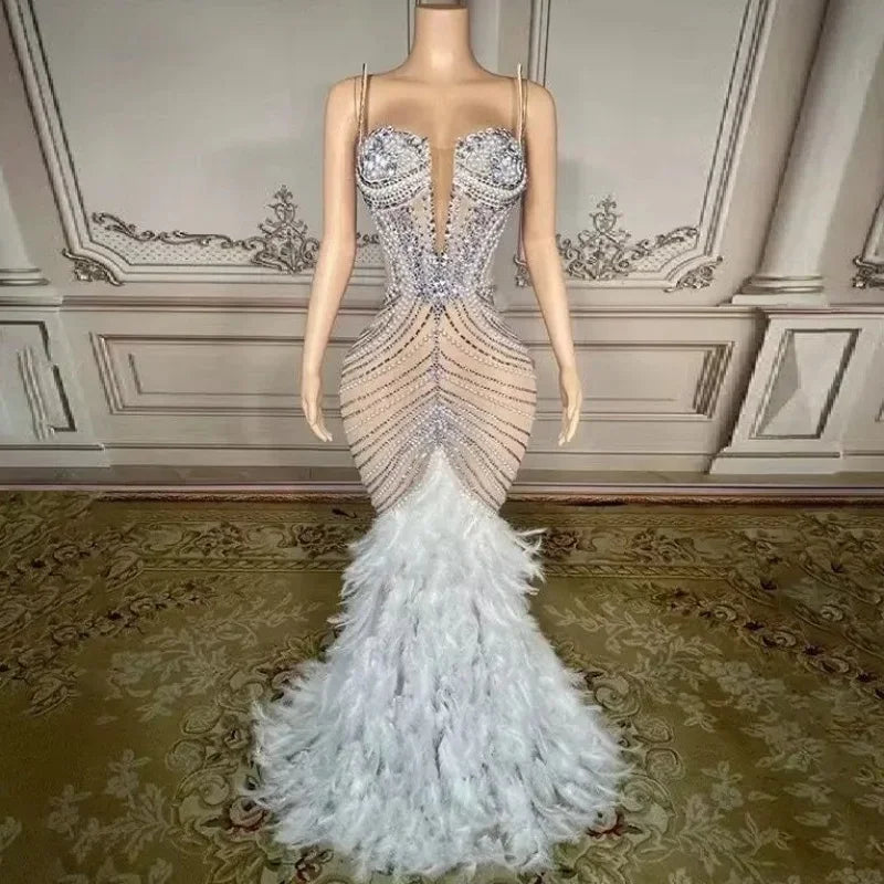 Luxury Pearls Grand Feather Sexy Floor-Length Dress Evening Party Performance Costume Bar Nightclub Singer Dancer Stage Wea