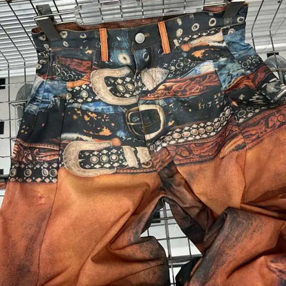 DEAT Fashion Women's 3D Printing Retro Color Painting Jeans High Waist Contrast Color Denim Pants Female Trendy New 11A03696
