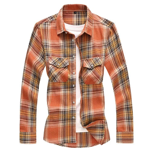 2026 New Men's Long Sleeved Plaid Shirt, with Two Chest Pockets Single Breasted Lapel Cotton Shirts Big Size Male Top Chemise