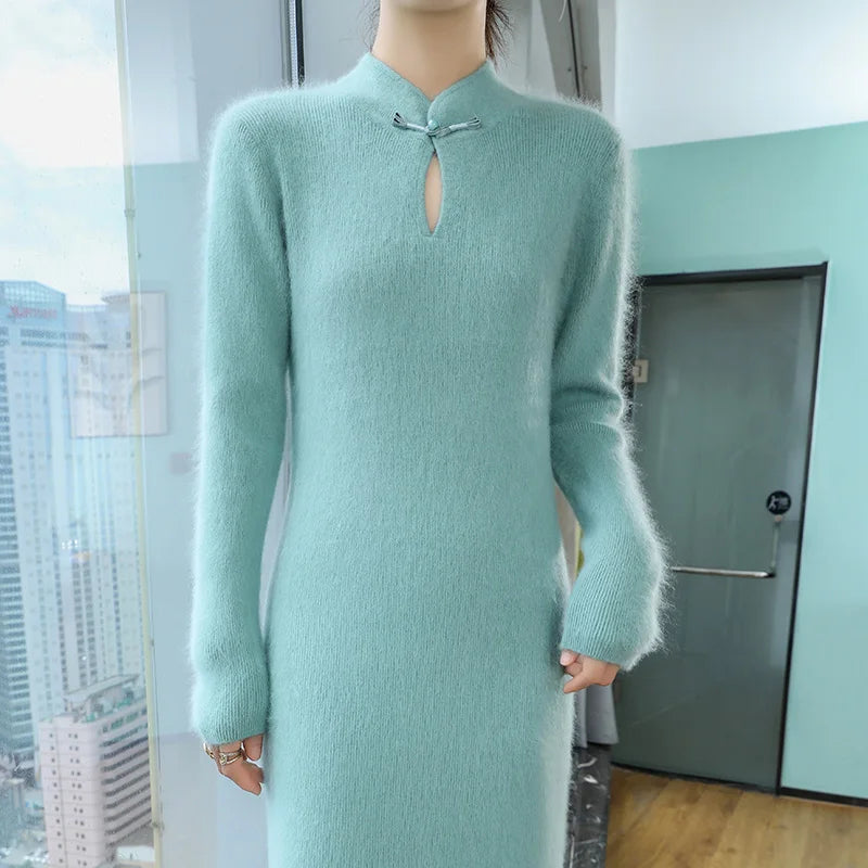 Retro Collar Buckle Knit Dress Female Pullover Long Over-The-Knee Solid Color Joker Slim Mink Cashmere Dress