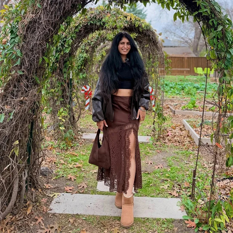 2026 Vintage Brown Lace Irregular Skirt Women Vintage Satin High Waist Slim Fit See Through Skirts New Spring Lady Party Outfits