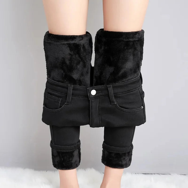 Pure Color Fleece Lined Thickened Slim Fit High Waist Jeans Women's Fashion plus Size Long Pants Tight Bodycon Style