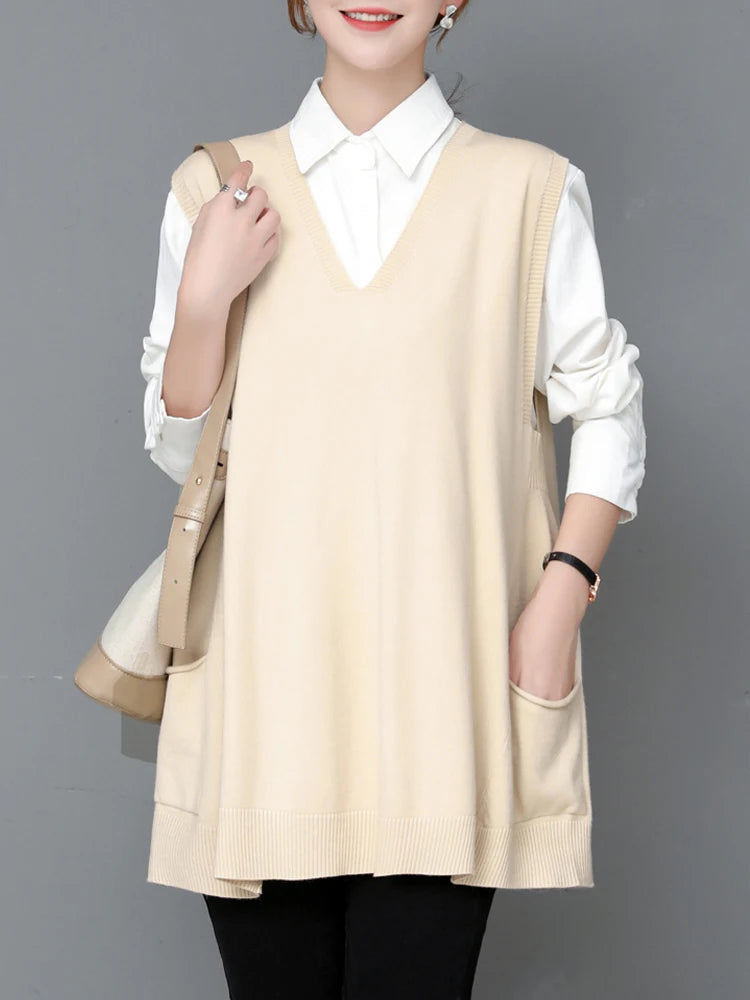 Autumn Winter Loose Svel Knitted Vest Women's Outerwear Faionable Slimming Korean Sle Polyester Fiber V-ne