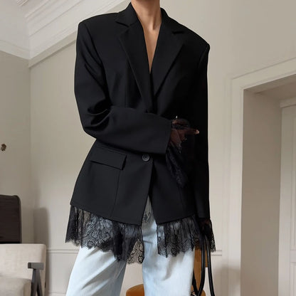 Linad Vintage Black Slim Lace Coats For Women Elegant Notched Collar Jackets Street Chic Long Sleeve Outerwear Lady 2025 Autumn