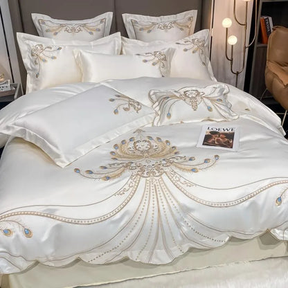 4/6Pcs White Gray Sateen Gold Embroidery Luxury Satin Cotton Bedding set Double Queen King Comforter Cover Bed Sheet Pillowcases