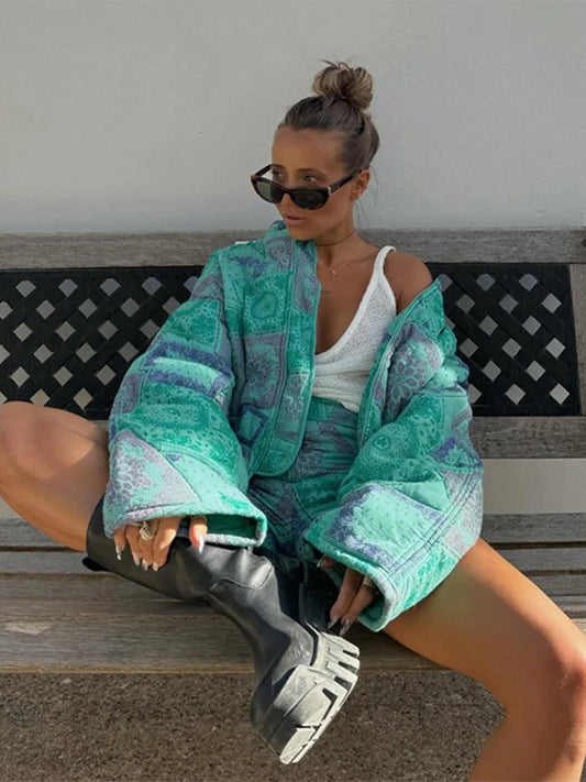 Vintage Green Print Cotton Jacket Women Stand Collar Zipper Coats Oversized Pockets Short Crop Jackets 2025 Lady Warm Outerwear