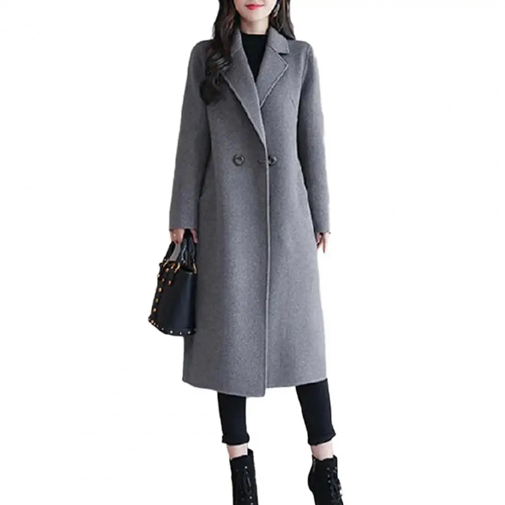 Two Buttons Woolen Coat Stylish Women's Woolen Coat Lapel Long Sleeve Two Buttons Pockets Autumn/winter Mid-length Cardigan