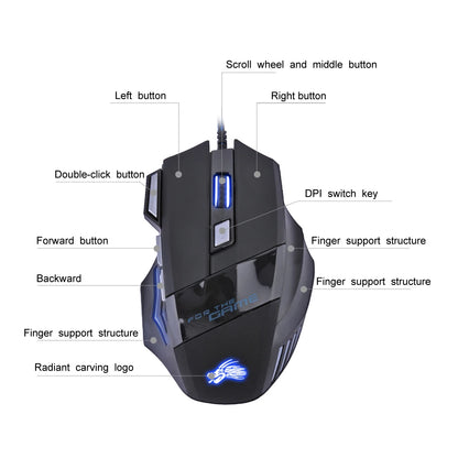 Gaming Mouse 7-Color Backlight 5500 DPI Adjustable USB Wired Optical Mice for PC