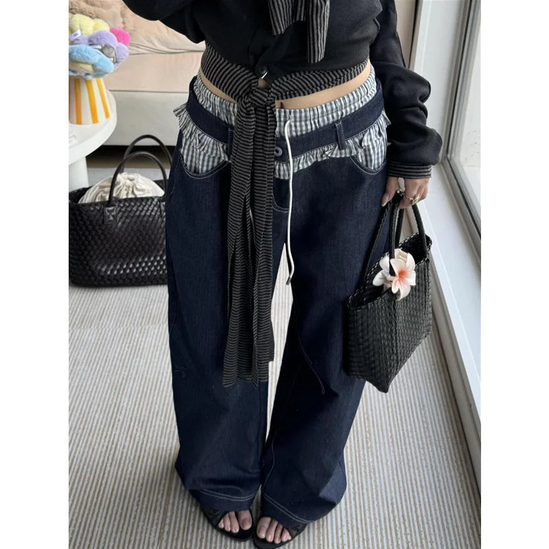 Blue Womens Jeans High Waist Vintage Design Hip Hop Straight Baggy Denim Pants Street Y2K American Style Wide Leg Denim Trouser