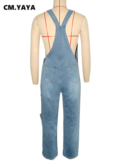CM.YAYA Women Safari Style Ripped Out Multi Pocke Wide Leg Overalls Denim Pants 2024 Summer Street Fashion Cargo Jeans Trousers