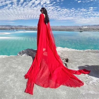 2026 Spring/Summer Silk Dress with Charm Seaside Vacation Beach Dress Red Extra Long Tailed Long Dress White Elegant And Gracefu