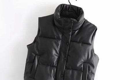 Autumn Winter PU Leather Coat Women Black Stand Collar Vests Women Fashion Zipper Elegant Short Vests Female Ladies