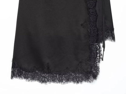 BSAY Lace Satin Asymmetry Skirt Women Fashion Autumn Winter side zip black Chic Female High Waist Elegant Long Midi Skirts Mujer