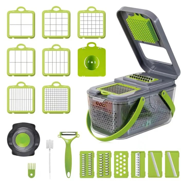 22 in 1 Vegetable Chopper with Stainless Steel Blade Adjustable Slicer And Cutter with Drain Rack Storage Container Kitchen Tool