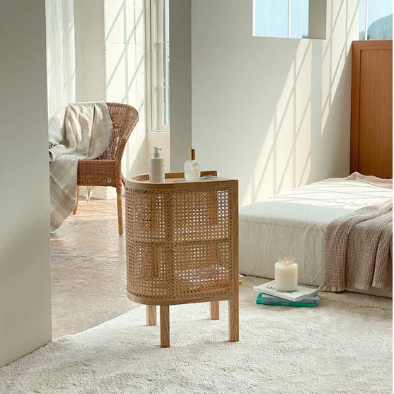JOYLIVE Modern Minimalist Style Creative Home Homestay Hotel Bedroom Solid Wood Rattan Bedside Table Edge Cabinet Drop-shipping