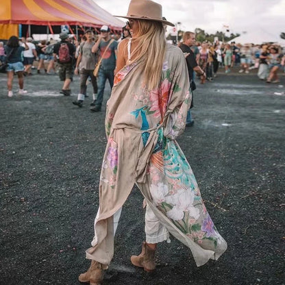 Happie Queens Vintage Peacock Floral Print  Women Bohemian V Neck Batwing Sleeves Ladies Boho Kimono Robe Cover-ups