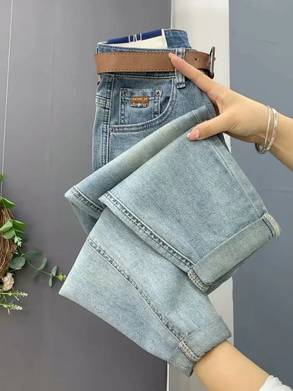 2023 NEW Spring Autumn High Waist Straight Jeans Loose Fit Stretch Haren Denim Pants Ladies Ankle-Length Jeans Pants